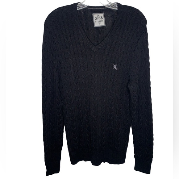 Express Mens Size M Cable Knit Sweater V-Neck Black - Picture 1 of 6